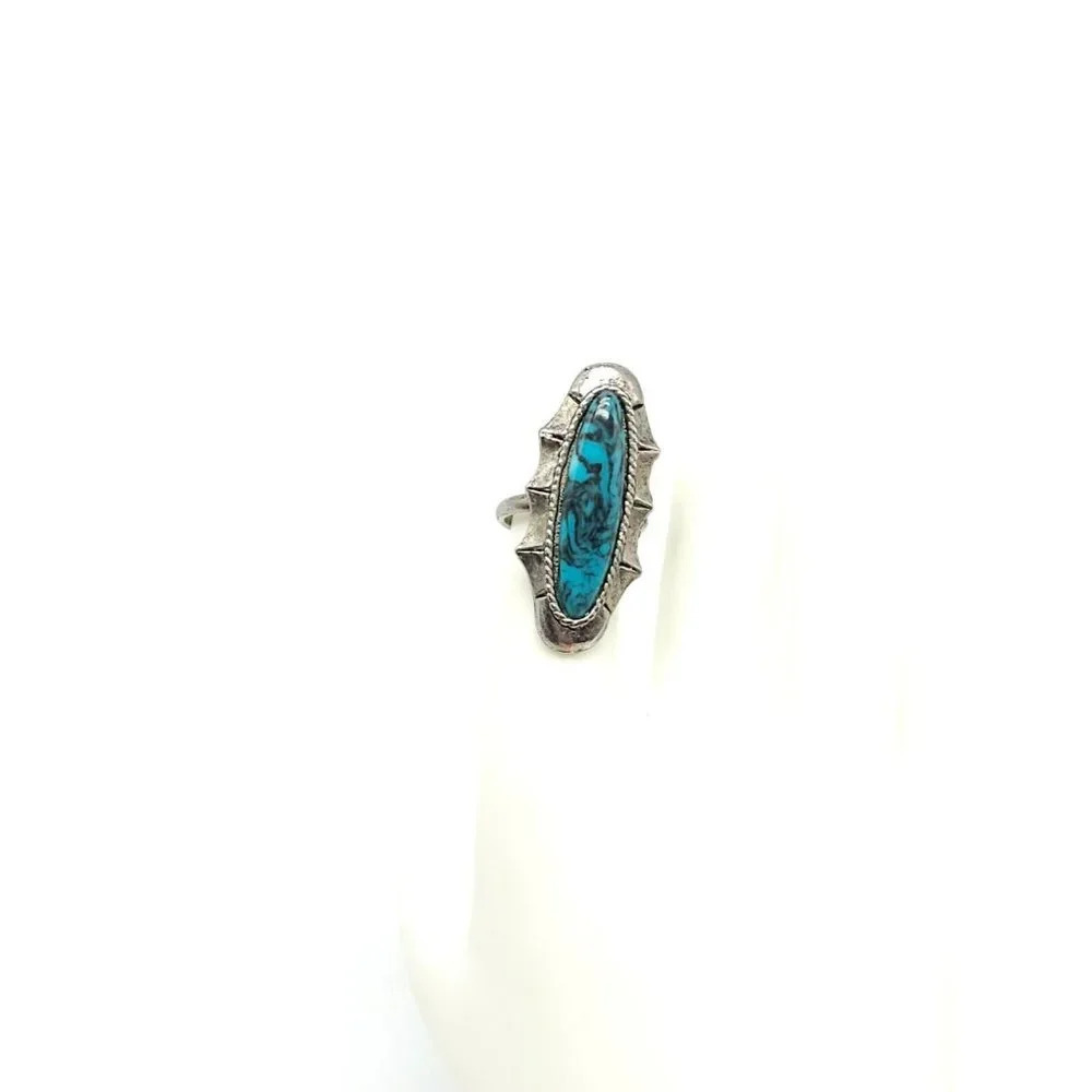 Faux Blue Turquoise Southwest Silver Tone Vintage 1970s Scalloped Ring Size 7.25
